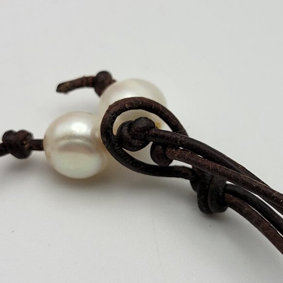 Bohemian White Baroque Pearl Brown Leather Cord Tassel Toggle Necklace 38" - Picture 4 of 9